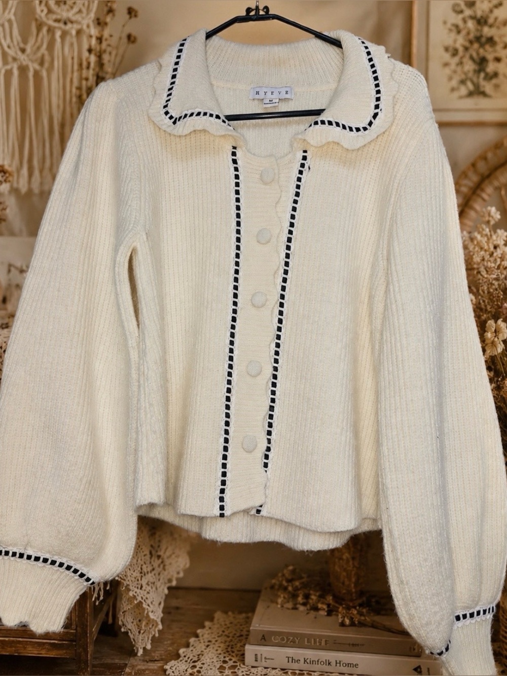 HYFVE Coquette Cream ribbed Cardigan Contrast Trim Peter Pan Collar Sweater M